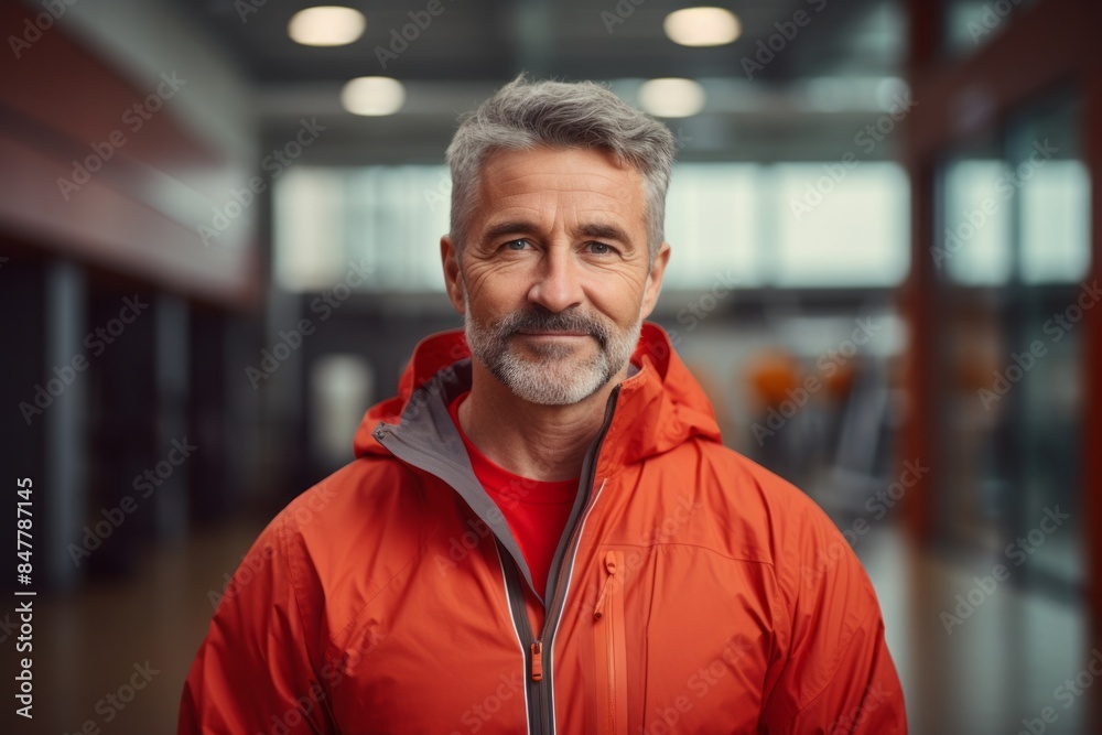 Portrait of a tender man in his 50s wearing a functional windbreaker while standing against dynamic fitness gym background Portrait of a tender man in his 50s wearing a functional windbreaker while standing against dynamic fitness gym background