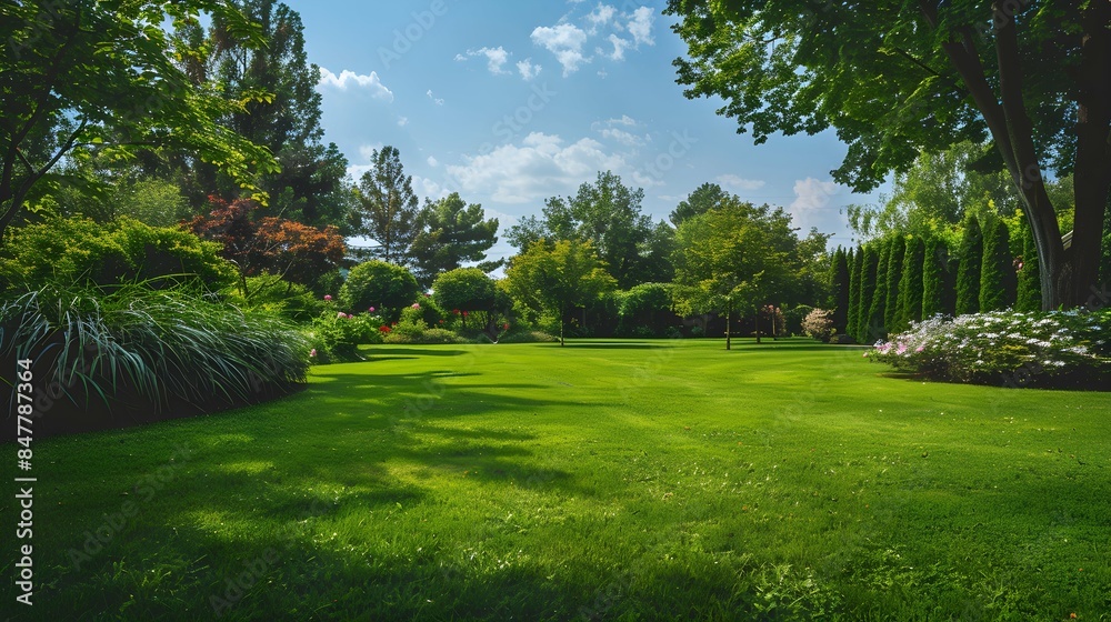 beautiful manicured lawn surrounded by trees and bushes, bright summer day beautiful manicured lawn surrounded by trees and bushes, bright summer day
