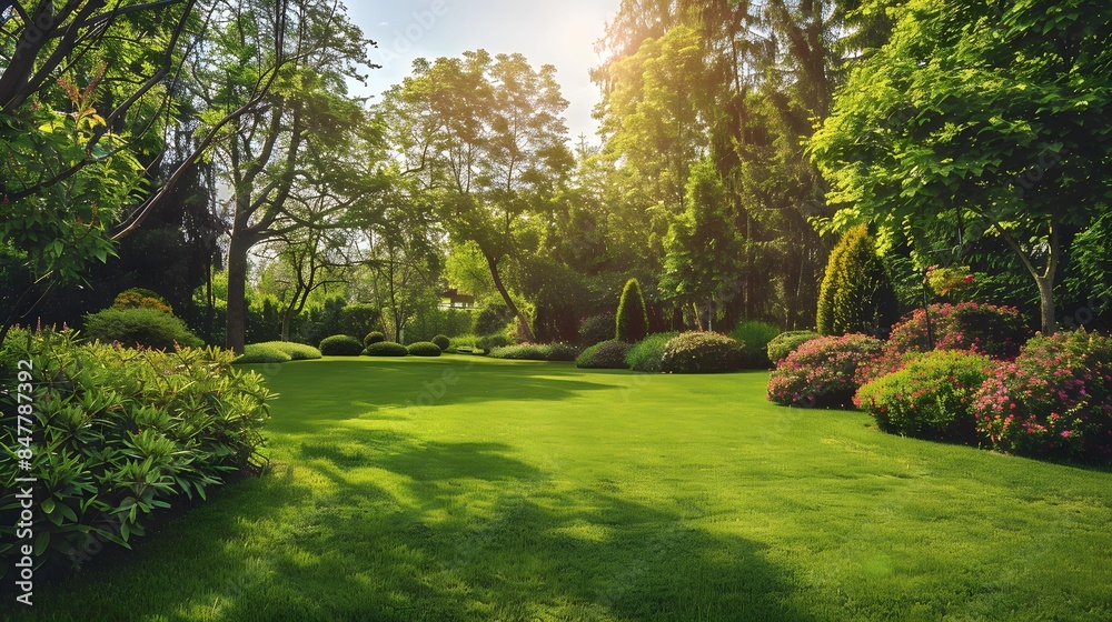 Naklejka premium beautiful manicured lawn surrounded by trees and bushes, bright summer day