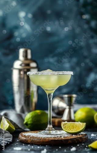 A Classic Margarita Cocktail With Lime Wedge and Salt Rim on a Wooden Board
