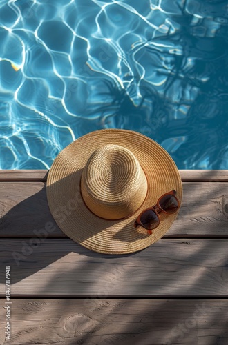Straw Hat and Sunglasses Beside a Pool on a Sunny Day
