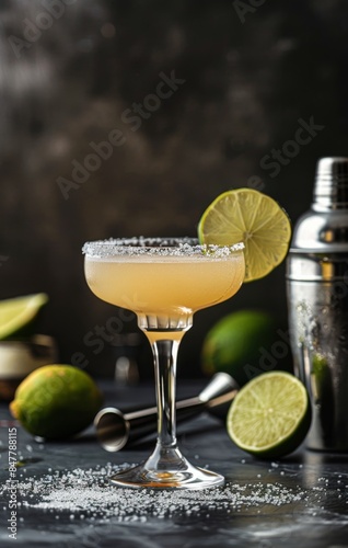A Classic Margarita Cocktail With a Lime Garnish and Salt Rim