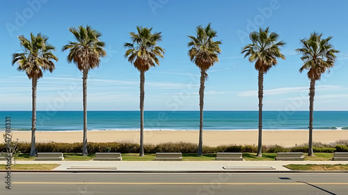 A row of palm trees are lined up along a beach