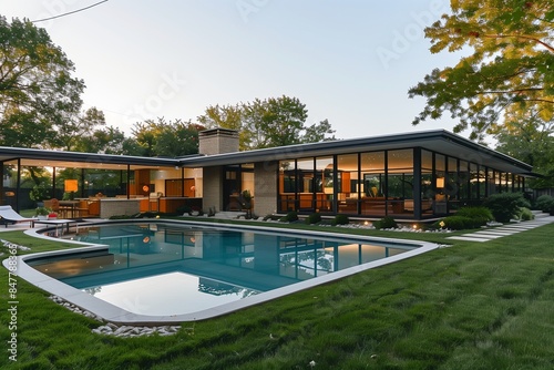 A suburban house with a mid-century modern design, featuring a flat roof, large glass walls, and a backyard with a classic kidney-shaped swimming pool and retro furniture. photo
