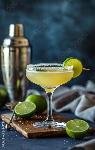 A Classic Margarita Cocktail With Lime Wedge and Salt Rim on a Wooden Board