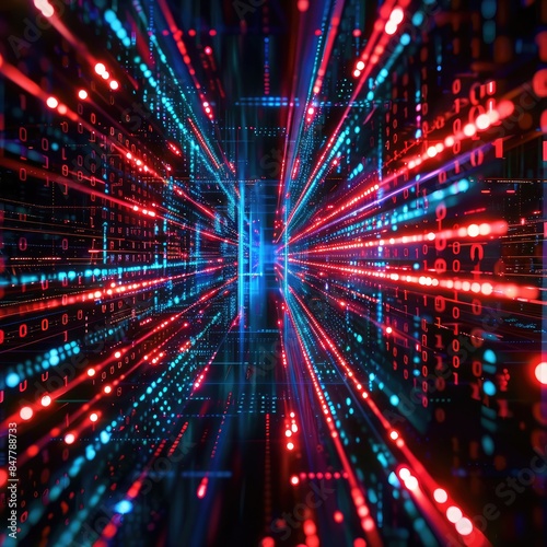 Futuristic digital landscape with vibrant neon lights and binary code, high-tech abstract background, cyber visual effect
