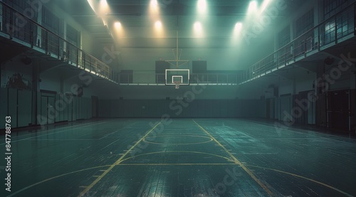 Foggy Night Basketball Court With Lights and Wet Floor