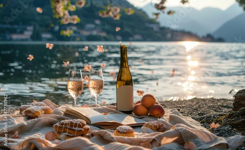Sunset Beach Picnic With Wine and Pastries at the Lake
