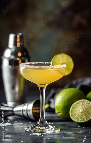 A Classic Margarita Cocktail With a Lime Garnish and Salt Rim
