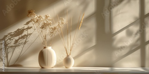 White Vase With Dried Grass in Sunlight on Window Sill