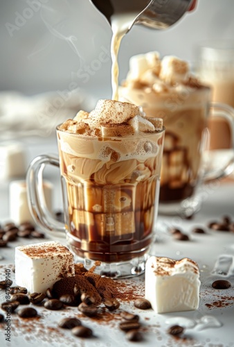Iced Coffee With Marshmallows and Whipped Cream Being Poured in a Glass