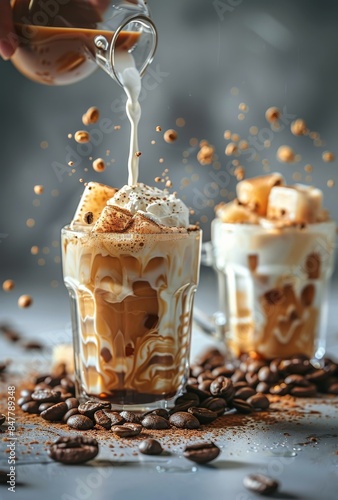 Iced Coffee With Marshmallows and Whipped Cream Being Poured in a Glass