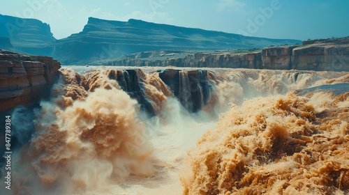 close-up shot,The hukou waterfalls arround yellow river in china,bright day