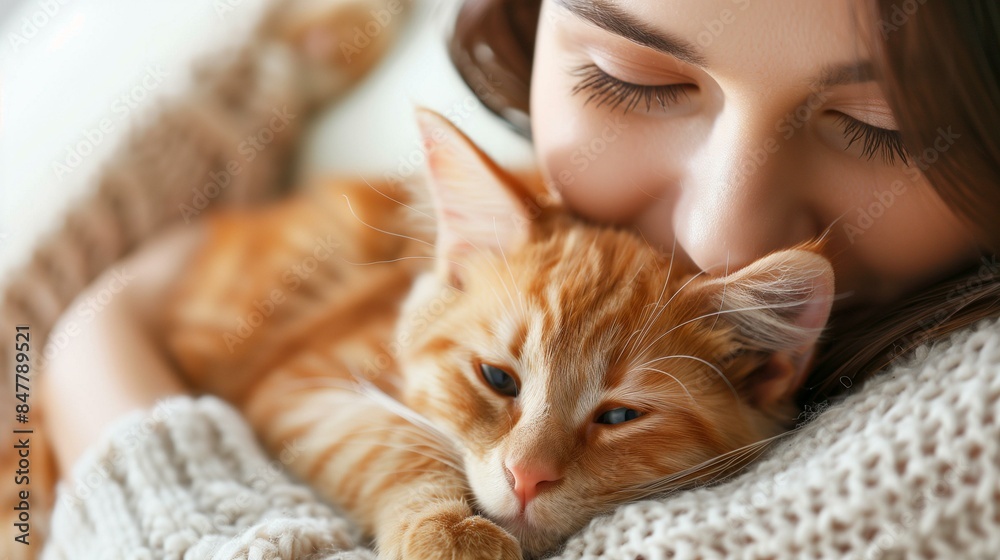 Young woman lying on bed with eyes closed ginger cat sleeping on chest, comfort home companionship warmth Young woman lying on bed with eyes closed ginger cat sleeping on chest, comfort home companionship warmth