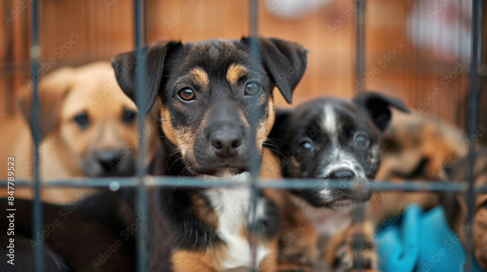 Obraz premium Puppies behind fence looking sad with hopeful expression in eyes pet ownership animal welfare animal adoption, idea eye puppy