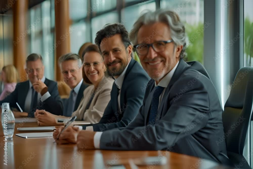 Male businessman leader with diverse coworkers team, executive managers group at meeting. Multicultural professional businesspeople working together, generative ai illustration Male businessman leader with diverse coworkers team, executive managers group at meeting. Multicultural professional businesspeople working together, generative ai illustration