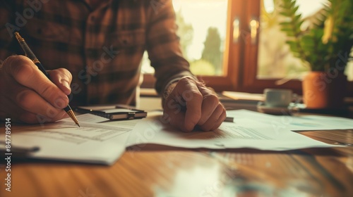 Senior man reviewing financial documents at home office, social security investment insurance pension photo