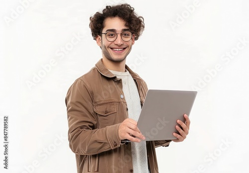 Happy man holding laptop, curly haired man smiling, youngster with glasses and laptop, cheerful male with gadget, youthful tech user
