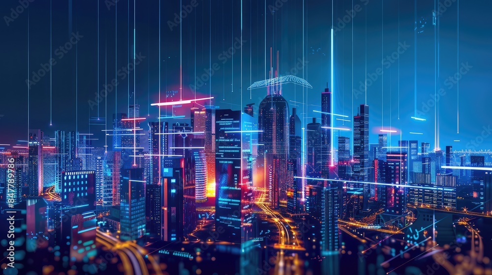 custom made wallpaper toronto digitalFuturistic cityscape, glowing neon lights, skyscrapers at night, high-tech urban scene, cyberpunk city art, digital stock image
