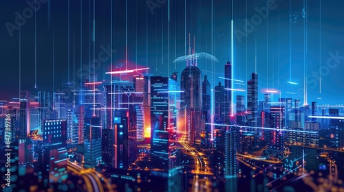 Wallpaper Mural Futuristic cityscape, glowing neon lights, skyscrapers at night, high-tech urban scene, cyberpunk city art, digital stock image Torontodigital.ca