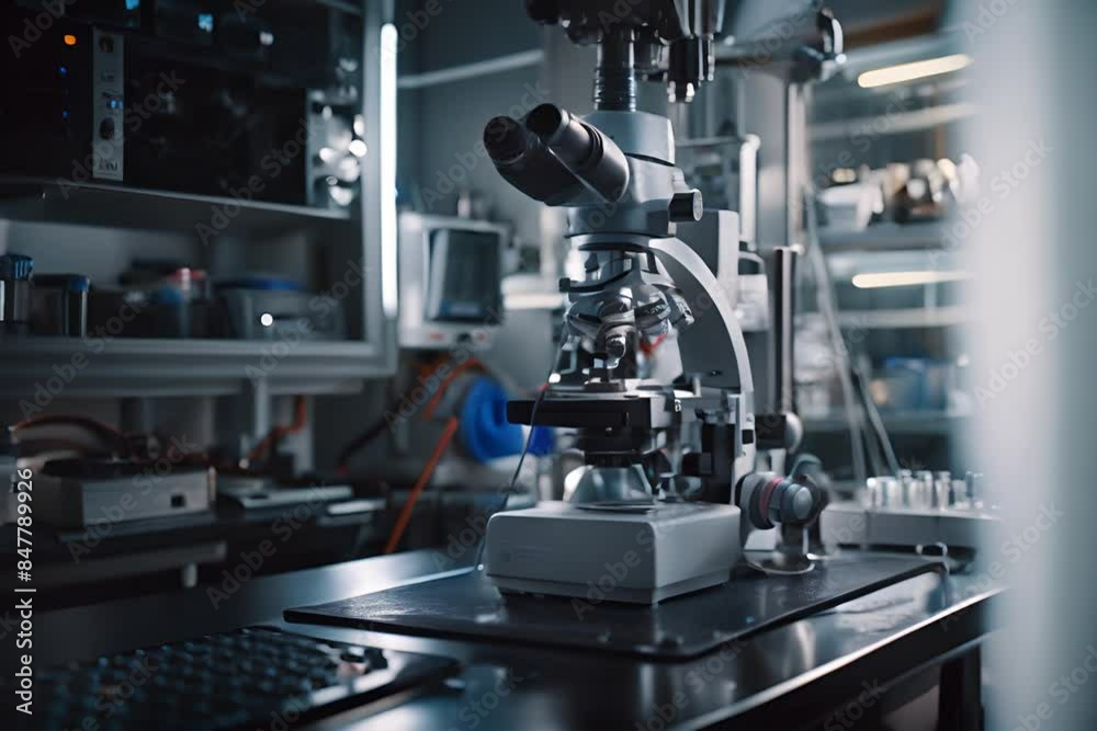 Scanning electron microscope in a physical lab, computer education, atom observation, nano equipment, professional nanoscale, generative ai illustration