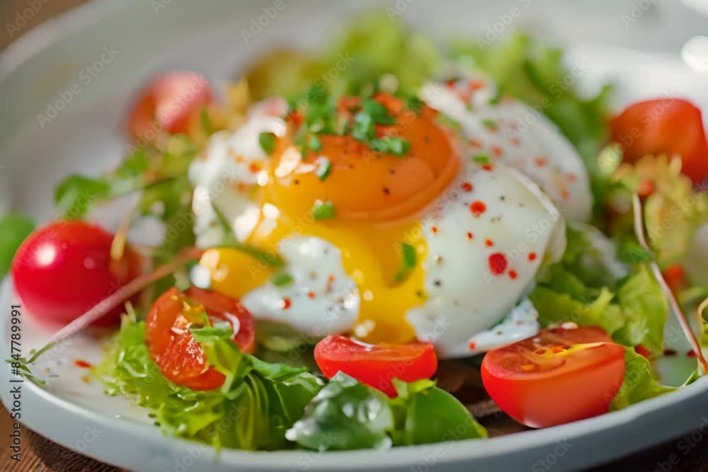 Salad with poached egg, sweet bell pepper, lettuce and cherry tomatoes. Restaurant starter menu with delicately cooked eggs and healthy salat close up, generative ai illustration Salad with poached egg, sweet bell pepper, lettuce and cherry tomatoes. Restaurant starter menu with delicately cooked eggs and healthy salat close up, generative ai illustration