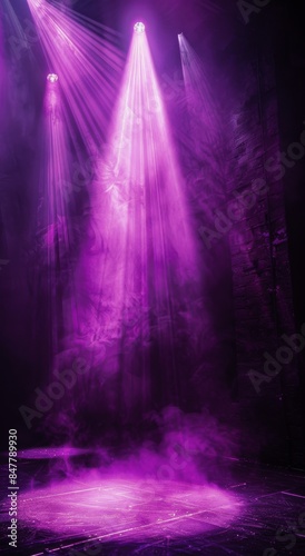 Purple Spotlights Illuminate Stage in Dark Theater