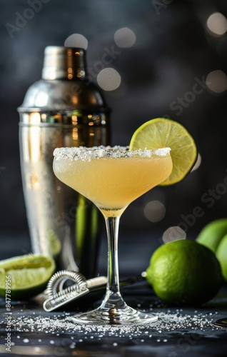A Classic Margarita Cocktail With a Lime Garnish and Salt Rim