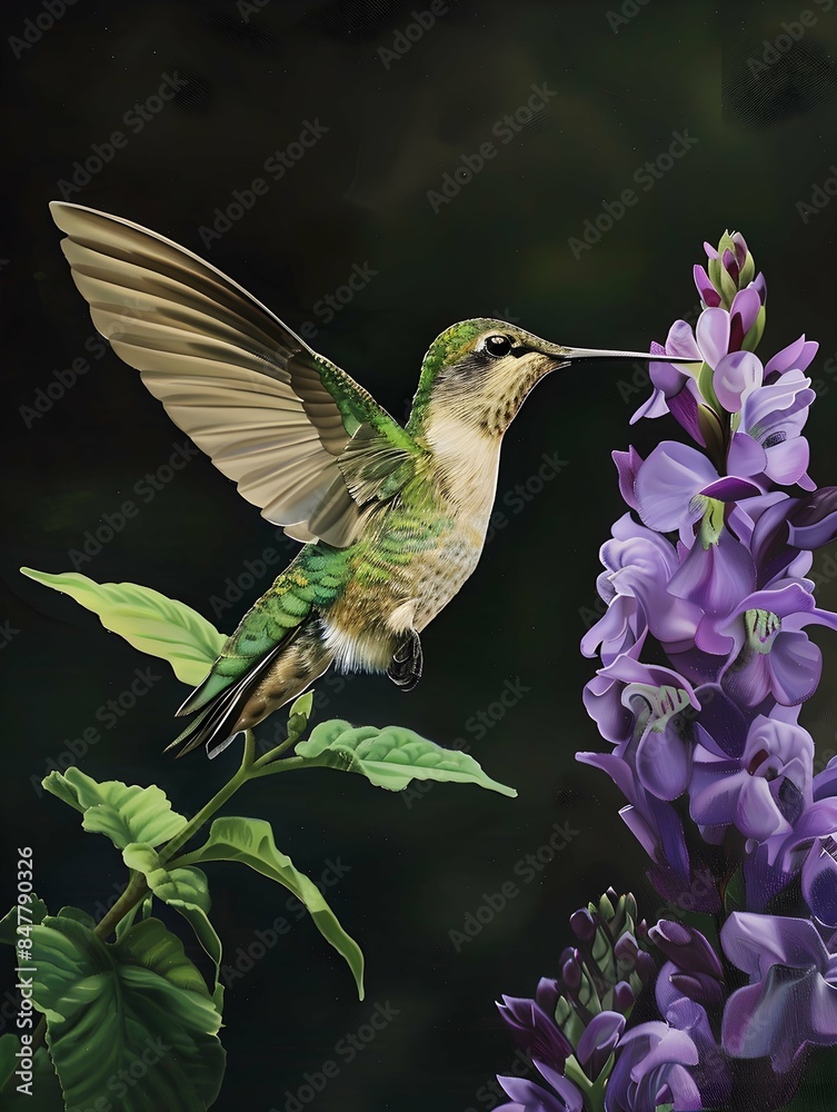 Fototapeta premium a beautiful hummingbird in flight near a purple flower