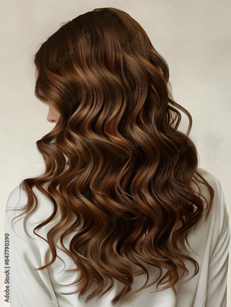 Naklejka premium a beautiful girl portrait with stunning curly long shiny brown hair, seen from the back