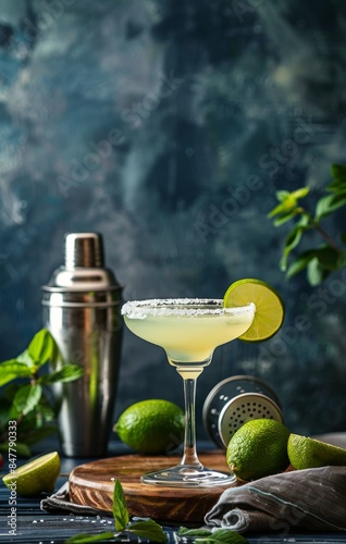A Classic Margarita Cocktail With Lime Wedge and Salt Rim on a Wooden Board