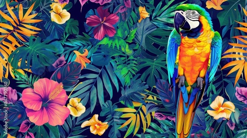 Tropical exotic pattern with macaws and flowers in bright colors and lush vegetation, generative AI © Ammar