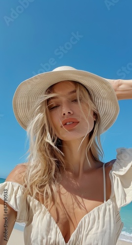 Woman Wearing Straw Hat on Beach in the Summertime
