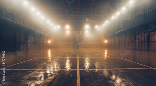 Foggy Night Basketball Court With Lights and Wet Floor