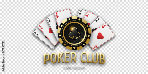 Poker Club. Realistic playing token chips clubs and playing ace cards of all suits. Gambling coin with suit clubs. Banner for web app or site. Vector poster for championship.