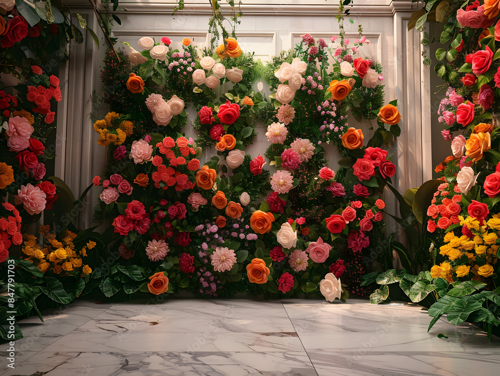 Obraz premium roses wall with vibrant colors and lush texture, against a marble background.