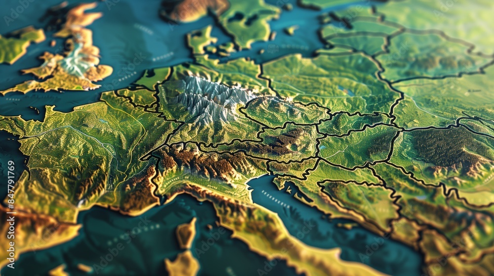 Artistic 3d illustration of topographic map with detailed terrain of Europe