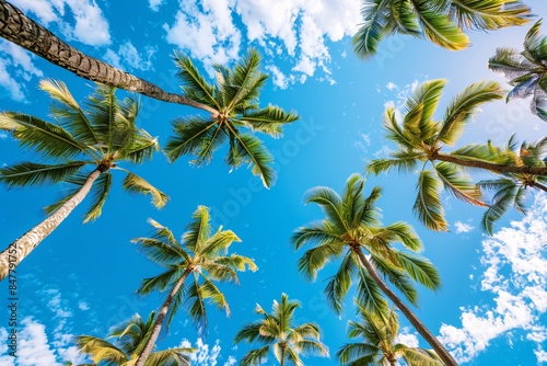 Coconut palm trees growing under a deep blue sky with clouds, evoking summer vacation feelings