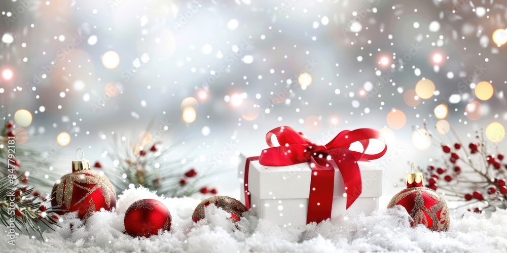 Obraz premium white christmas gift box with red ribbon bow in snow decoration background