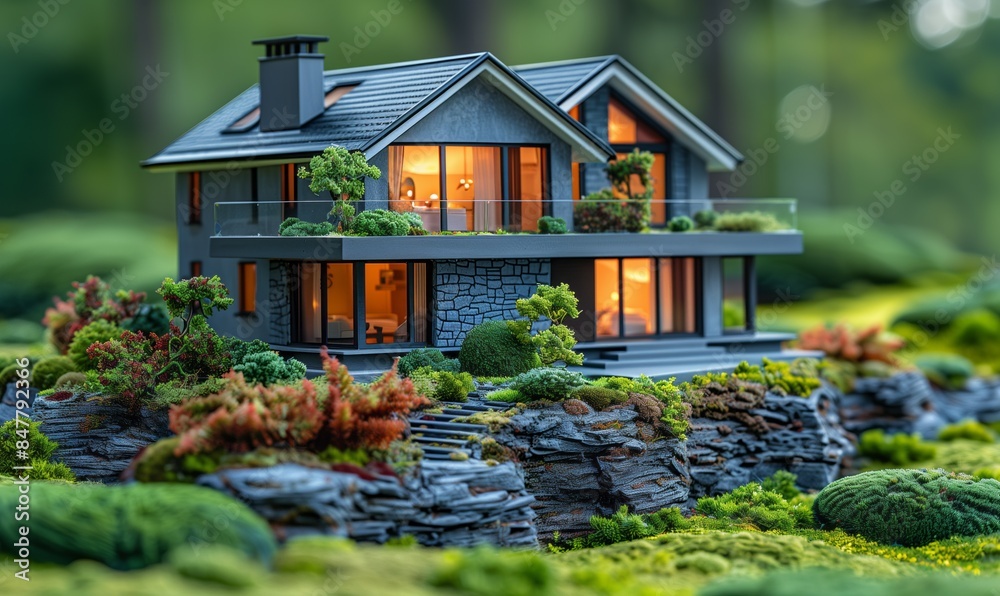 © Premium_art - Modern miniature eco-friendly house surrounded by lush greenery. © Premium_art - Modern miniature eco-friendly house surrounded by lush greenery.