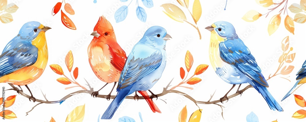 Artistic watercolor birds and foliage on white backdrop. Artistic watercolor birds and foliage on white backdrop.