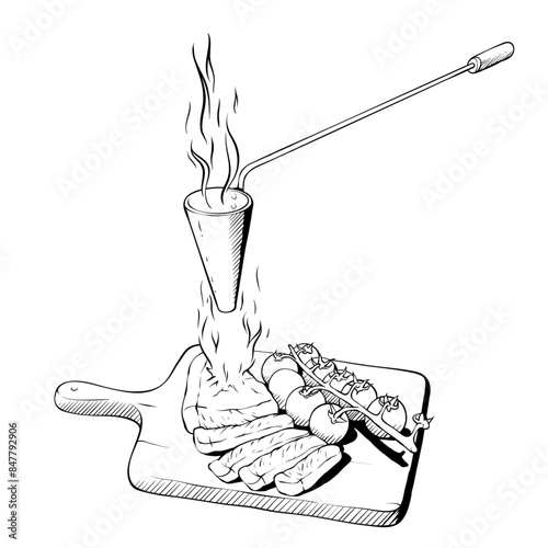 Flambadou BBQ barbecue grill cooking vector illustration uncolored isolated