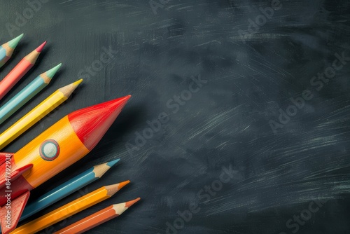 Back to school background with rocket made from pencils and copy space for text