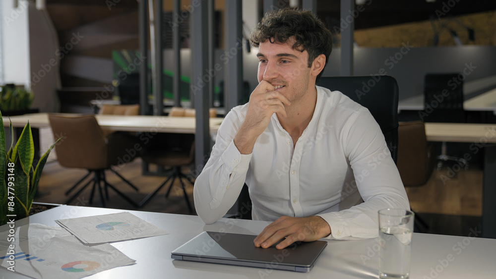 Caucasian smiling positive dreaming inspired business man male worker guy boss leader dream think pensive businessman employer entrepreneur satisfied think ponder idea at office with closed laptop