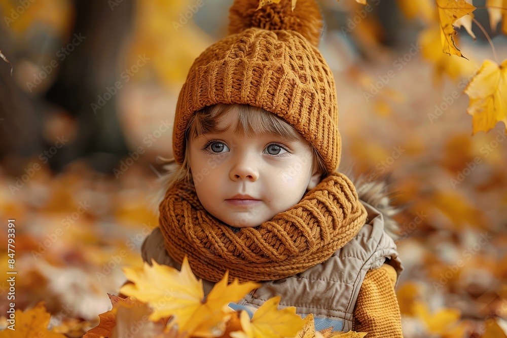 A thoughtful toddler in a knit hat and scarf stands amongst a backdrop of colorful autumn leaves A thoughtful toddler in a knit hat and scarf stands amongst a backdrop of colorful autumn leaves