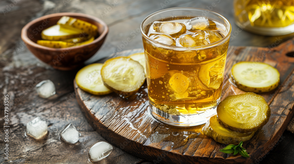 Zesty Hydration. A Refreshing Pickle Juice Drink. A clear glass containing a golden liquid with ice cubes, accompanied by sliced cucumbers and pickles on a rustic wooden board. Zesty Hydration. A Refreshing Pickle Juice Drink. A clear glass containing a golden liquid with ice cubes, accompanied by sliced cucumbers and pickles on a rustic wooden board.
