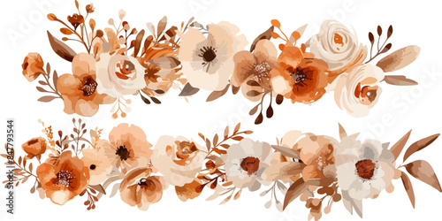 Brown and orange floral bouquet collection with watercolor