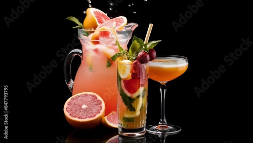 Jug and glass of grapefruit lemonade with fresh fruits and green mint in a glass on black background refreshing summer drinks on the table glass of cocktail