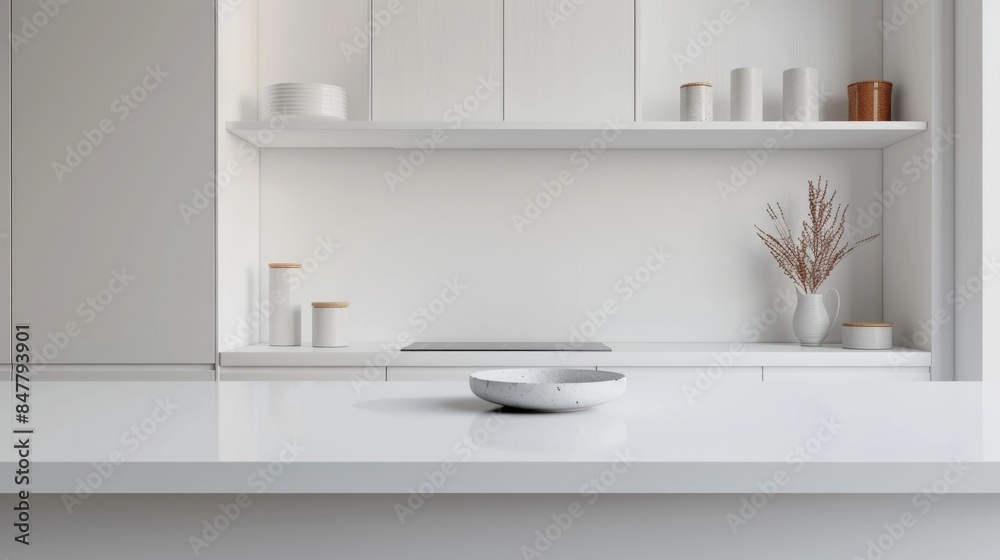 Elegant marble kitchen island or kitchen countertop and space to copy your product against a blurred modern kitchen space. 3D rendering Elegant marble kitchen island or kitchen countertop and space to copy your product against a blurred modern kitchen space. 3D rendering