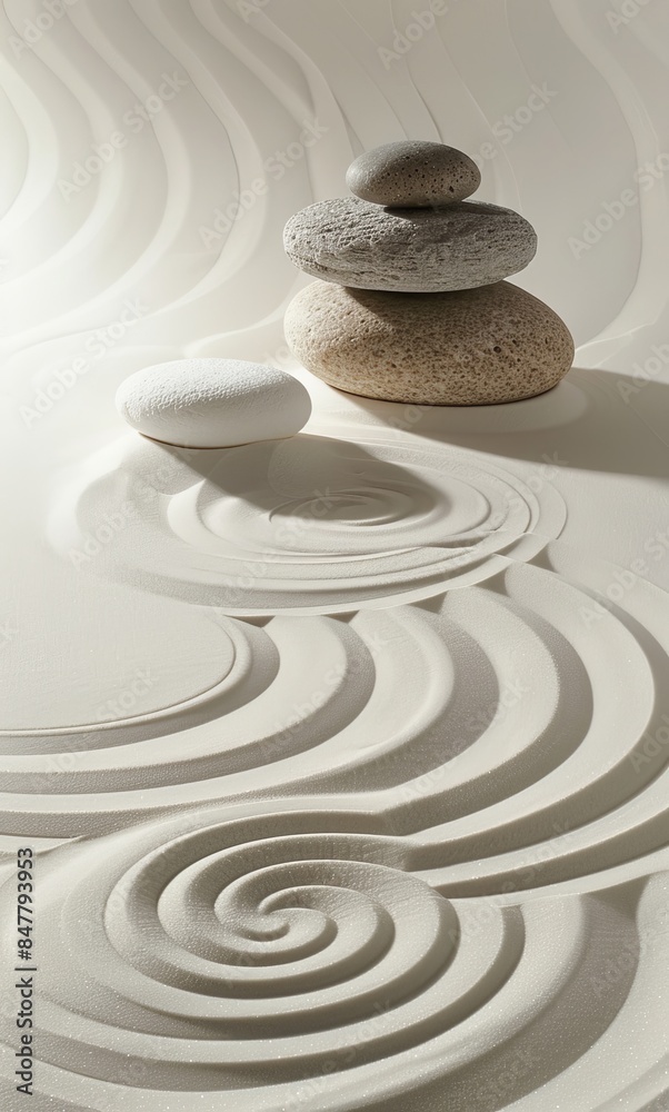 Zen stones in raked sand creating peaceful and soothing patterns Zen stones in raked sand creating peaceful and soothing patterns